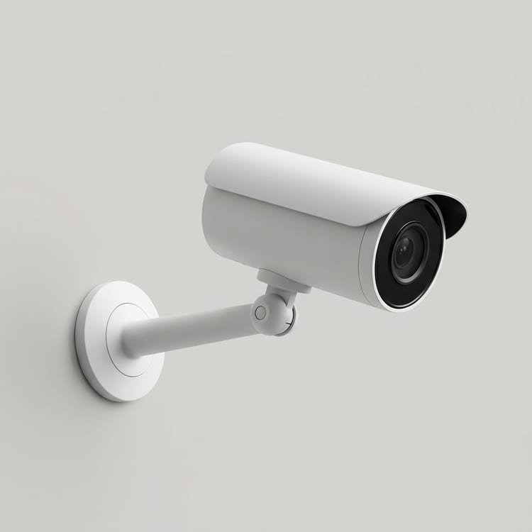 バレット型(砲弾型)の防犯カメラ。壁面ブラケットに取り付けられた円筒形で、レンズが正面を向いている