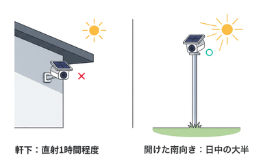 軒下設置と開けた南向き設置の日照の違い。軒下は屋根が太陽を遮り直射日光が1日1時間程度しか当たらないのに対し、開けた南向きのポール設置は日中の大半に直射日光が当たる