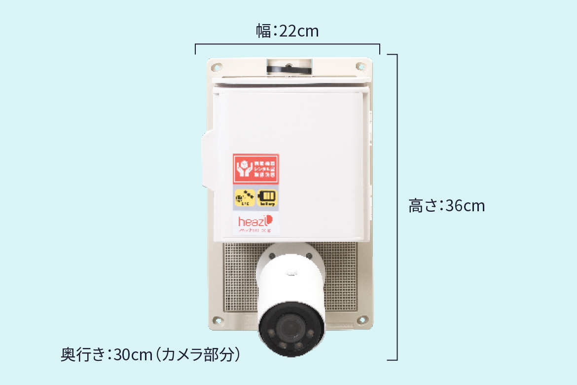 監視カメラサイズ、幅:22cm、高さ:36cm、奥行き:30cm（カメラ部分）。